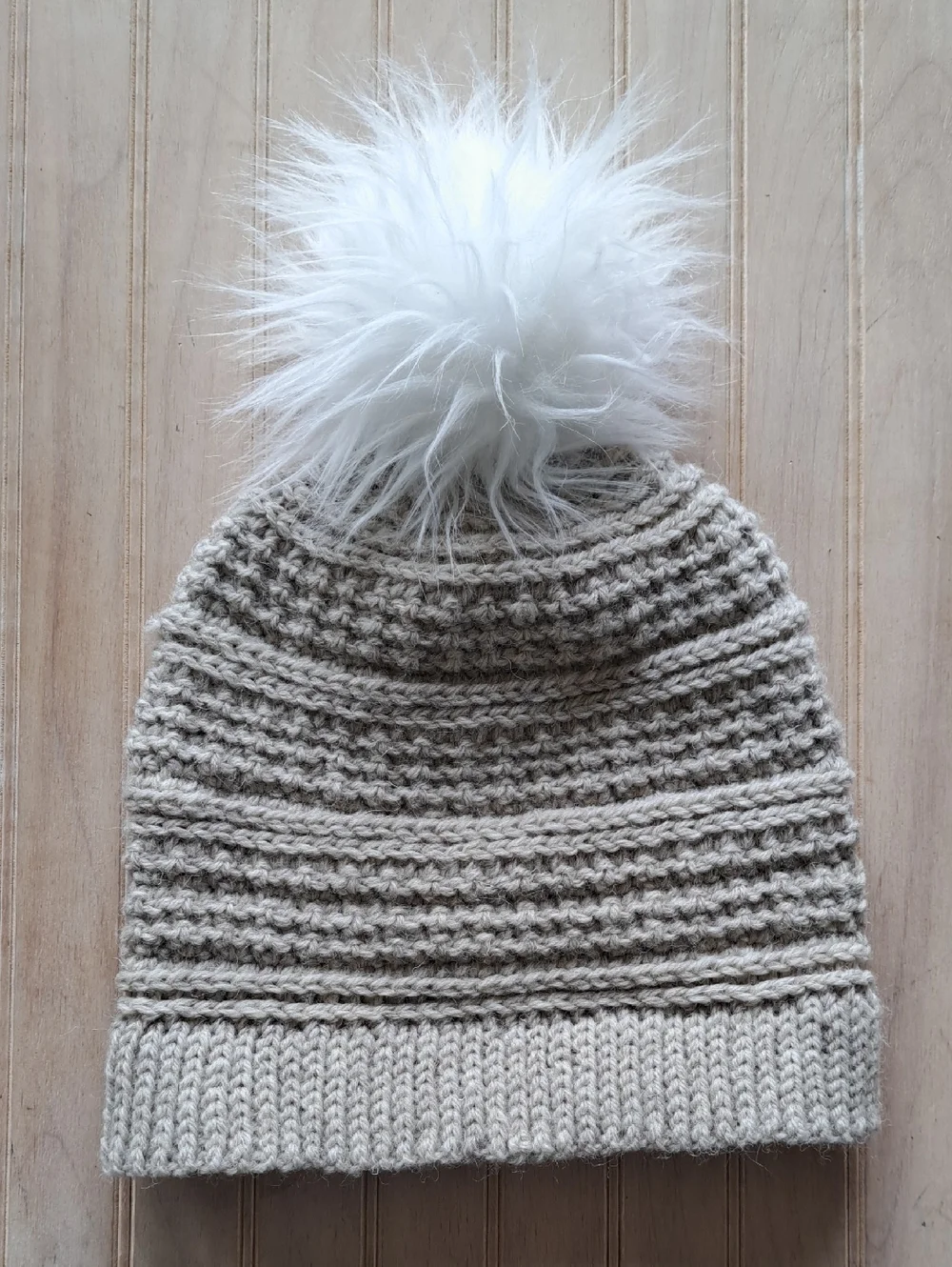 Wool Blend Knit Beanie Hat Faux Fur Pom Pom Winter Cozy Neutral Tan Girls